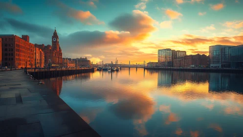 Golden sunrise glows over a calm city waterfront harbor