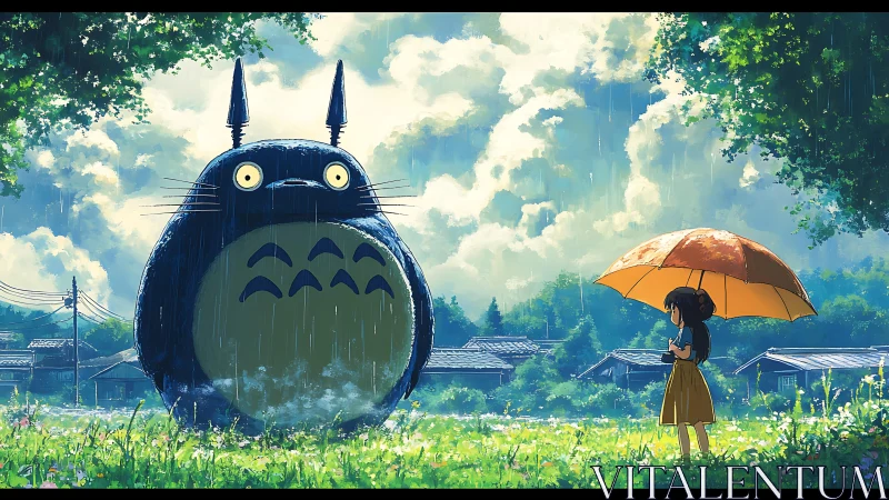 Girl with umbrella meets giant forest spirit in summer rain