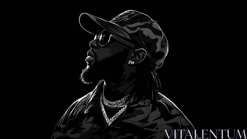 Profile portrait shows man in camo cap and jewelry facing up