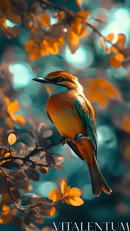Golden songbird resting in dreamy teal and amber leaves.