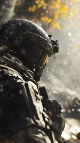 Backlit tactical operator with NVG helmet in shallow depth of field