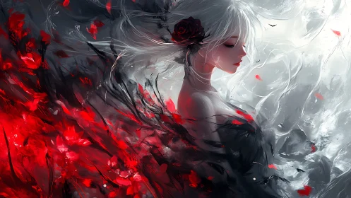 Melancholic rose maiden emerges from swirling crimson petals