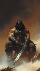 Brooding barbarian warrior resting with sword in misty ruins.