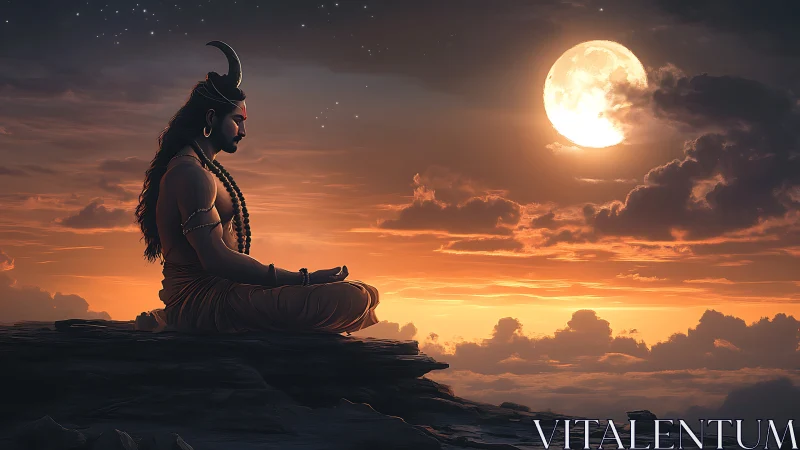 Meditating figure sits on rocky ledge under bright full moon