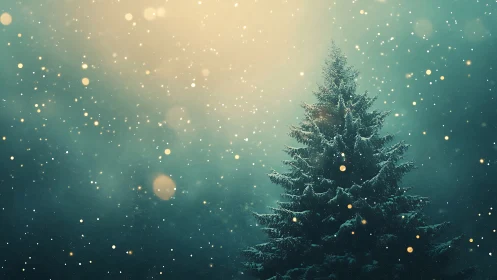 Snowy evergreen tree glows softly under gentle winter light
