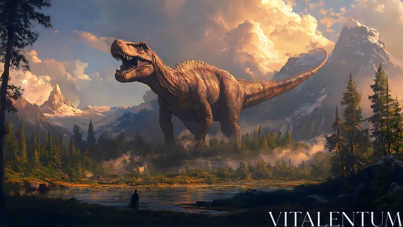 Giant tyrannosaurus stands over misty alpine valley lake