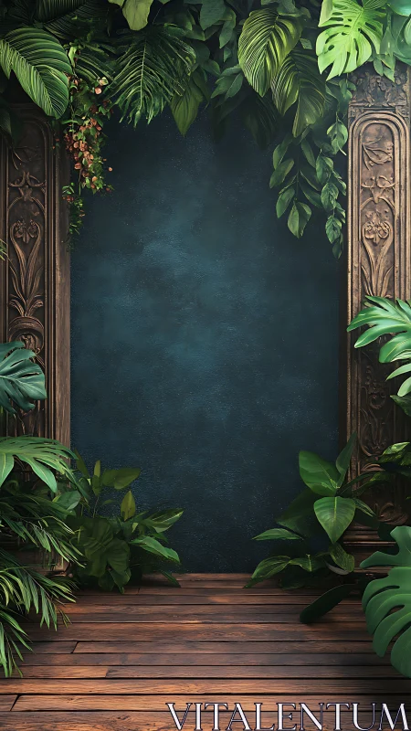 Lush tropical frame surrounds a dark teal studio backdrop