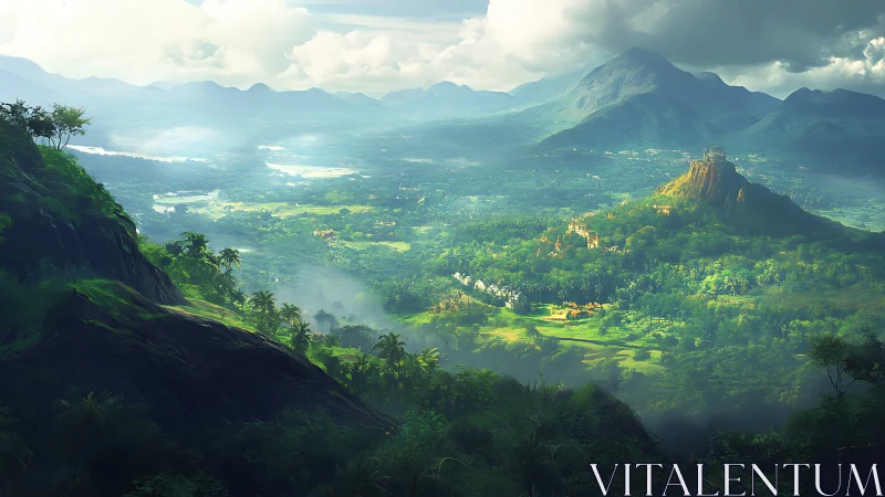 Sunlit valley landscape with misty mountains and temples