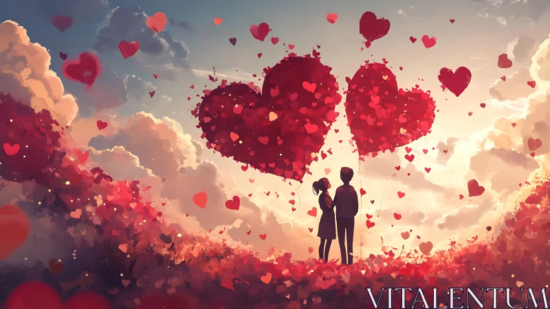 Two Figures Beneath Floating Heart Clouds in Romantic Sky.