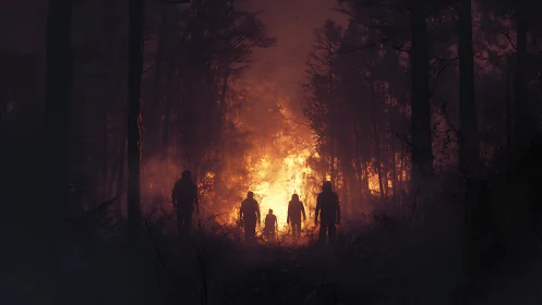 Silhouetted figures approach an intense forest fire glow at night