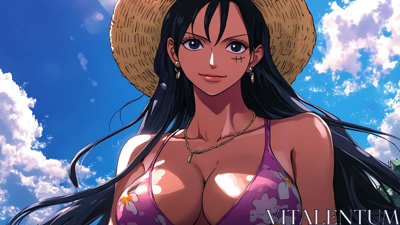 Anime beach portrait of dark-haired woman in straw sunhat