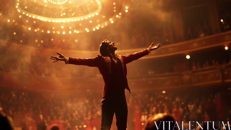 Performer stands on theater stage under circular ceiling lights