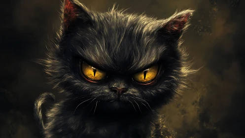 Dark fluffy cat portrait with intense yellow eyes.