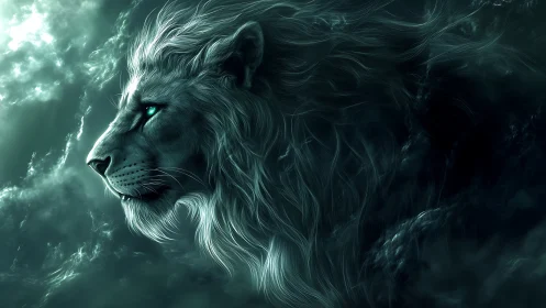 Mythic teal lion profile glows through storm clouds.