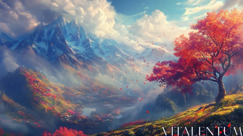 Crimson tree dreaming over misty mountains and valleys.