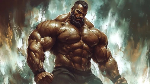 Hyper-muscular bearded man stands in a dramatic power pose.