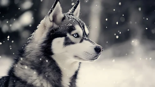 Siberian husky dog in falling snow with soft blurred background.