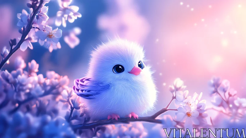 Fluffy pastel bird among soft glowing cherry blossoms.