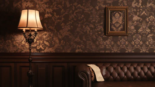 Classic brown interior with tufted leather sofa and floor lamp