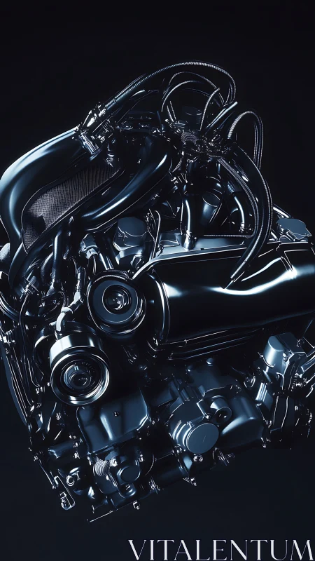 High-gloss turbocharged engine assembly under dramatic specular lighting