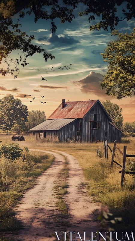 Sunlit country lane winding gently toward a quiet barn.