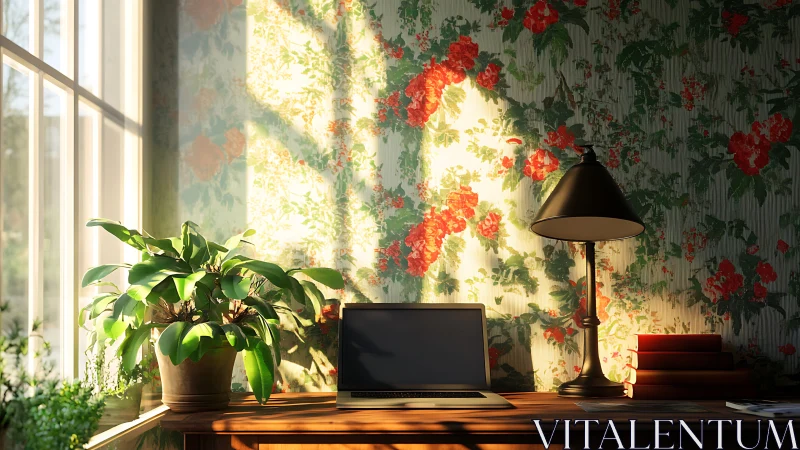 Sunlit floral workspace dramatized by directional morning light