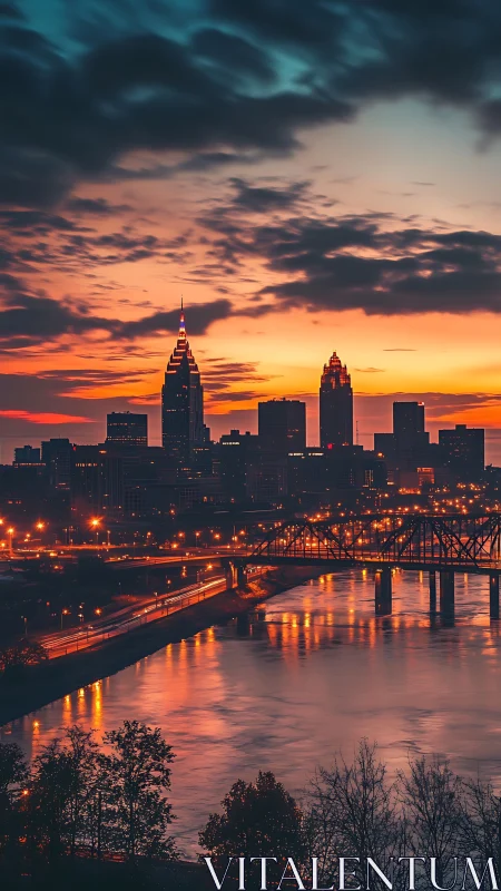 Urban skyline and river bridge glow against saturated dusk sky