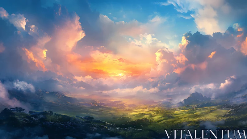 Radiant sunset opens over luminous valley under vast clouds