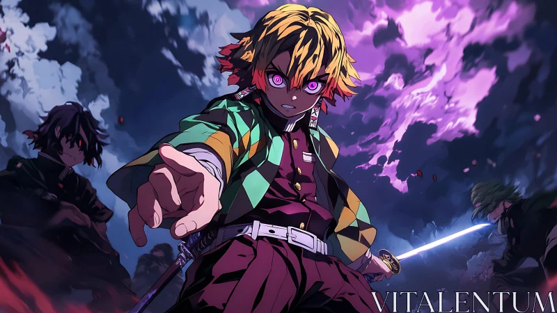 Intense anime swordsman under electrified magenta storm sky.