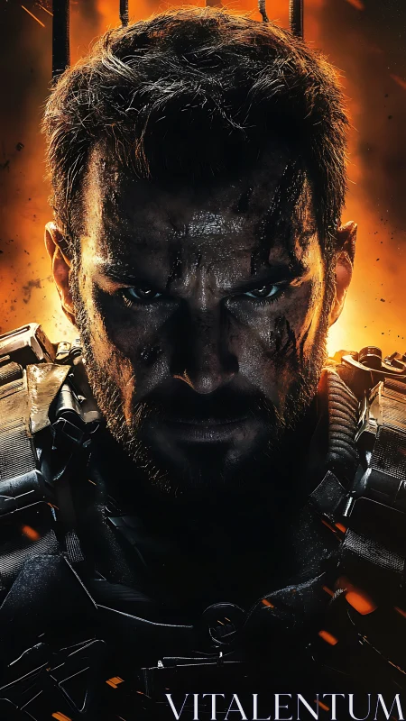 Battle-worn futuristic soldier stares forward in harsh light