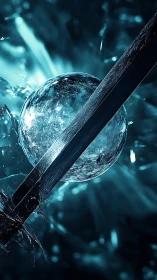 Steel blade intersects damaged glass sphere in blue light