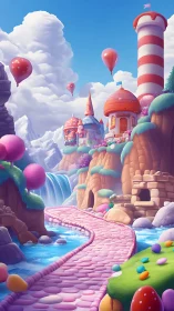 Candy valley fantasy landscape with pastel river path.
