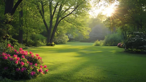 Sunlit lawn hush under blooming pink woodland guardians.