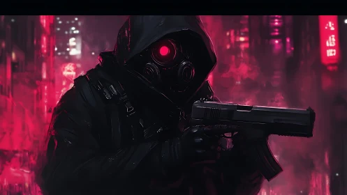 Neon fog cradles a lone hooded gunner with glowing sight