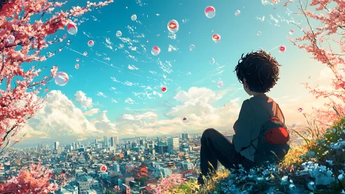 Boy overlooking spring city under floating bubbles at dusk.