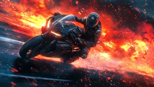 Motorcyclist carving fiery trail through cinematic nightscape.