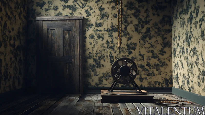 Mysterious pulley device in dim vintage wooden room.