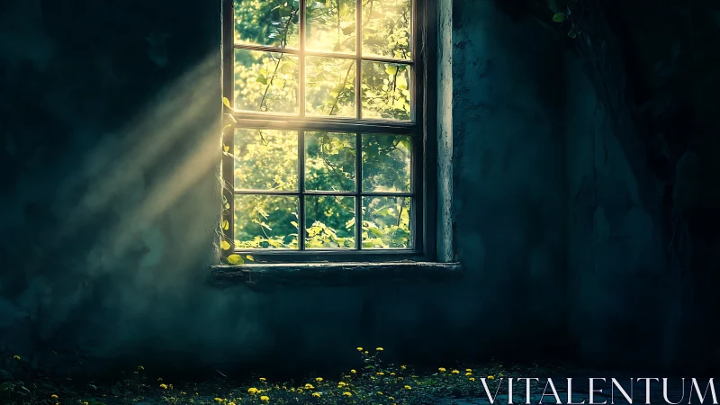Sunlit overgrown window in dark abandoned interior.