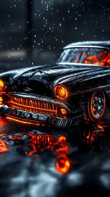 Neon storm cruiser idling in rain-slick midnight streets.