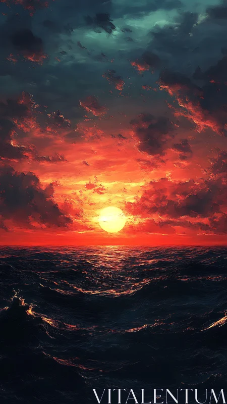 Sunset over dark ocean with dramatic red and blue sky.
