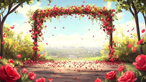 Rose-draped archway opens a dreamy lookout above the city