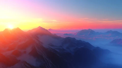 Sunlit mountain range lies above layered atmospheric haze