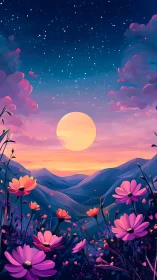 Vibrant digital dusk landscape renders florals and moonrise