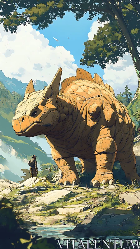 Giant horned dinosaur towers over lone traveler outdoors.