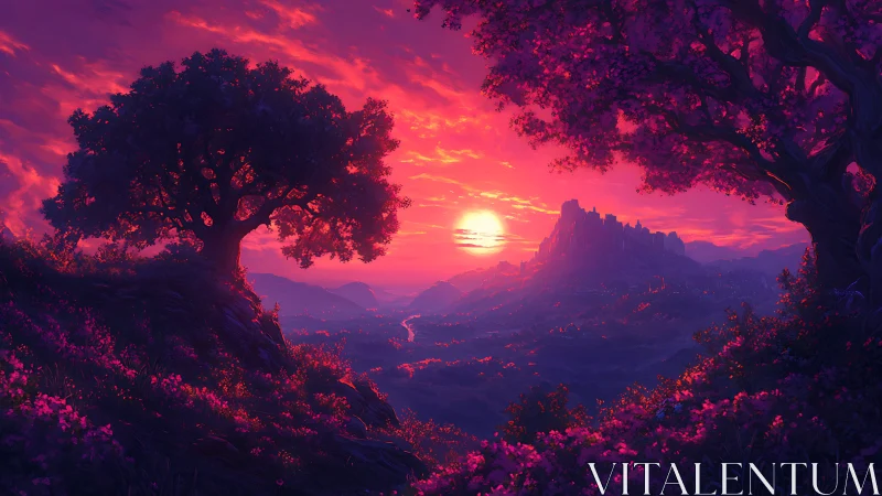Sunset dream valley framed by glowing magenta trees.