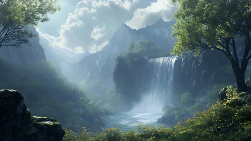 Digital landscape render shows waterfall in forested valley