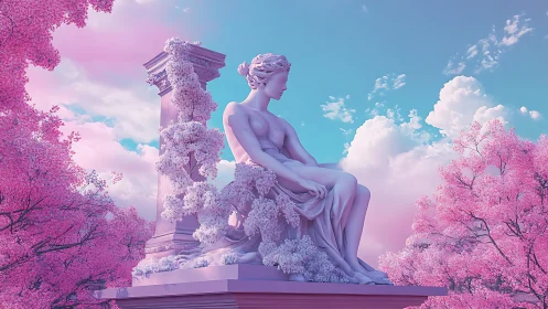 Marble statue and pillar in stylized pink landscape setting
