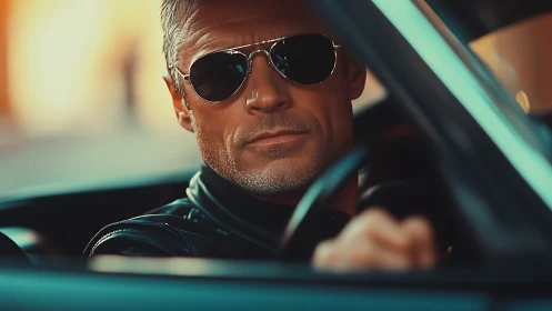 Cinematic driver portrait with reflective aviator sunglasses.