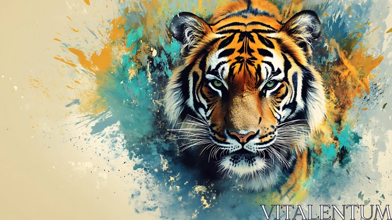 Digital painting tiger portrait with dynamic splash abstraction.