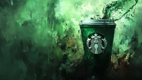 Bold green coffee cup splashes energy across painterly color